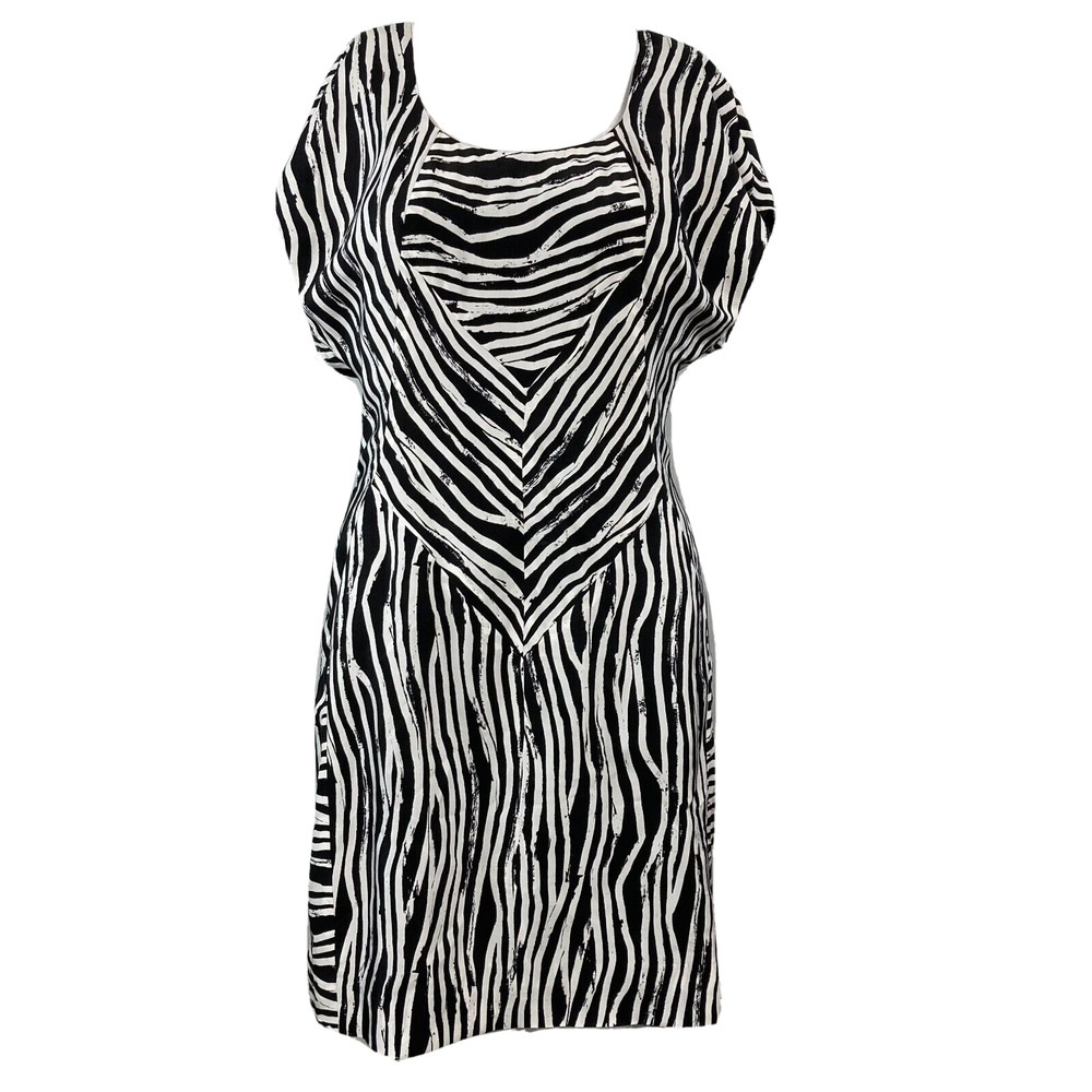 Helmut Lang Dress Womens Sz 6 Black White Zebra 100% Silk Dolman Sleeve Mini